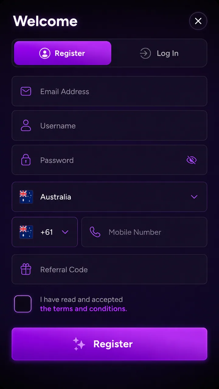 Casiny Casino Australia mobile registration form