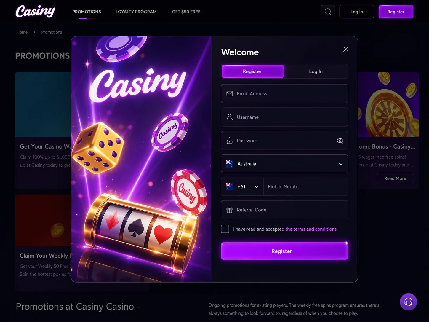 Casiny Casino Australia desktop registration form