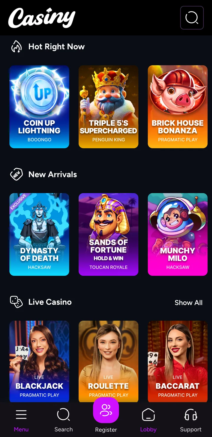 Casiny Casino mobile games lobby