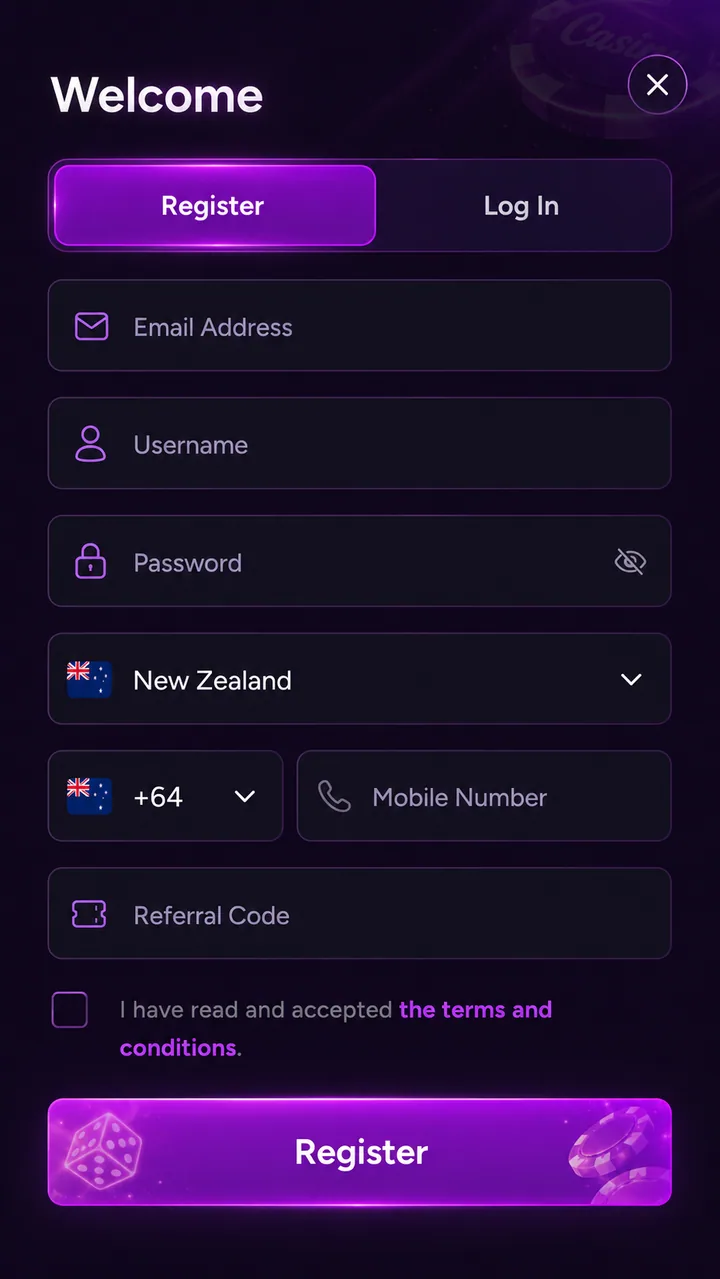 Casiny Casino New Zealand mobile registration form