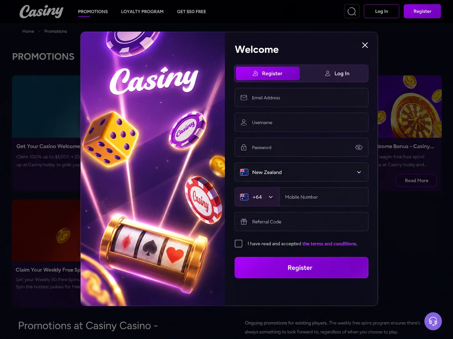 Casiny Casino New Zealand desktop registration form