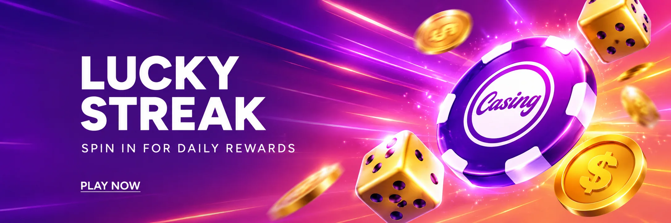 Casiny Casino Lucky Streak banner with casino chip, dice and coins